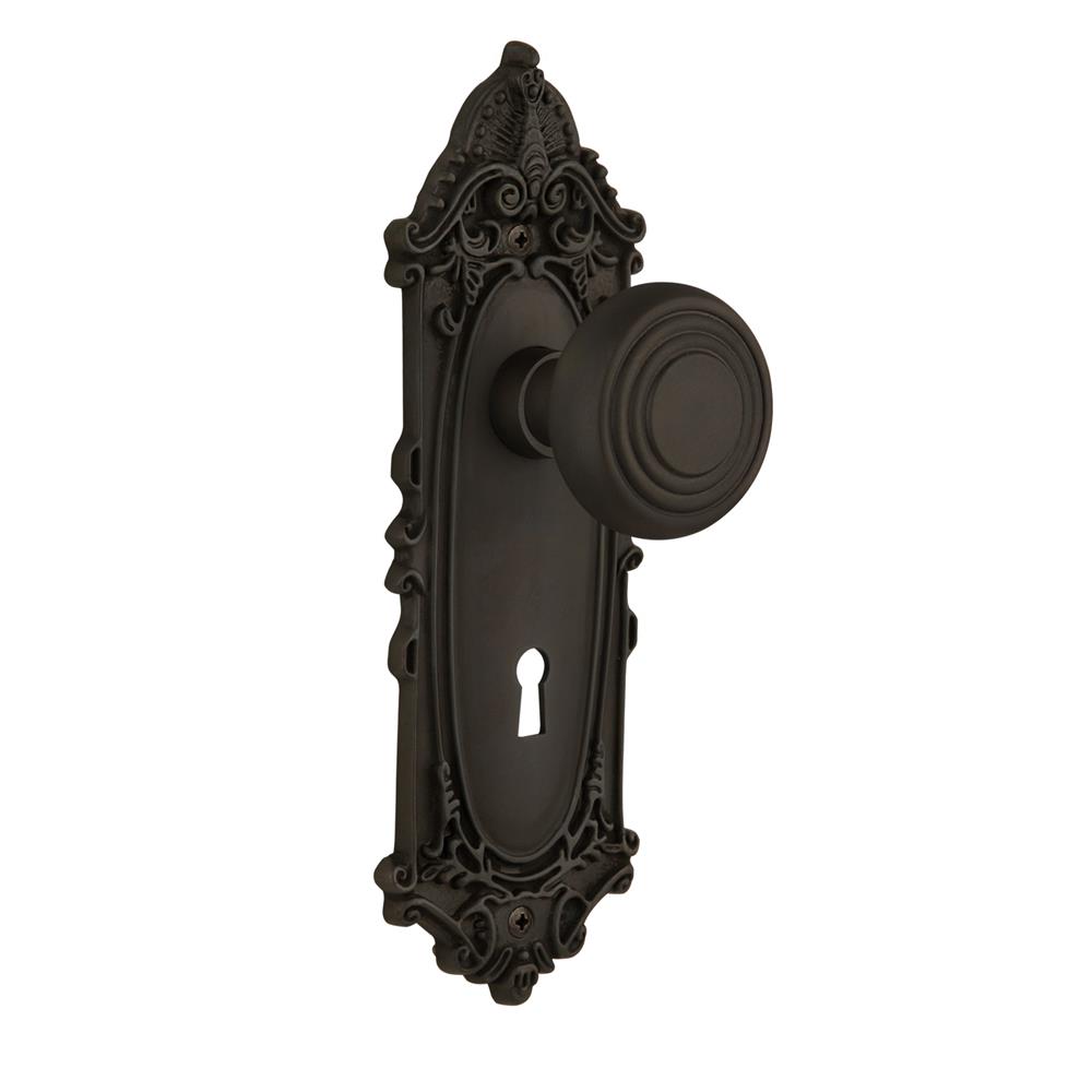 Nostalgic Warehouse VICDEC Complete Mortise Lockset Victorian Plate with Deco Knob in Oil-Rubbed Bronze